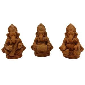 Vintage Clay Ganesha Statue Set of 3 Musical Sangeet Figurines Hindu Deity 3"